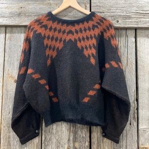 Vintage Italian Mohair Blend Fuzzy Aztec Batwing Black Rust Sweater